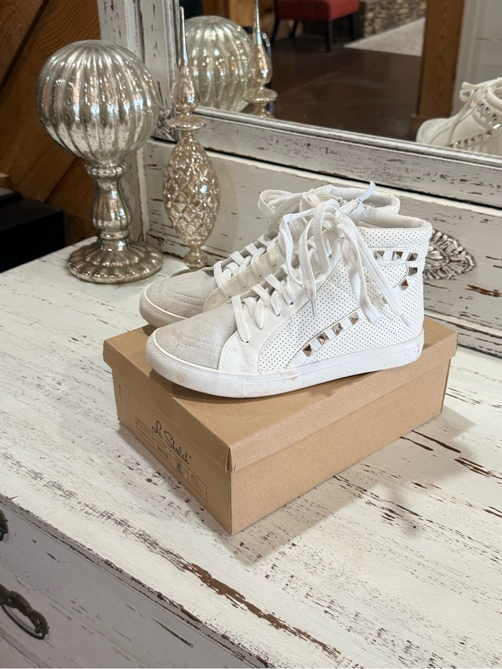 Women's White High-Top Studded Perforated Sneakers